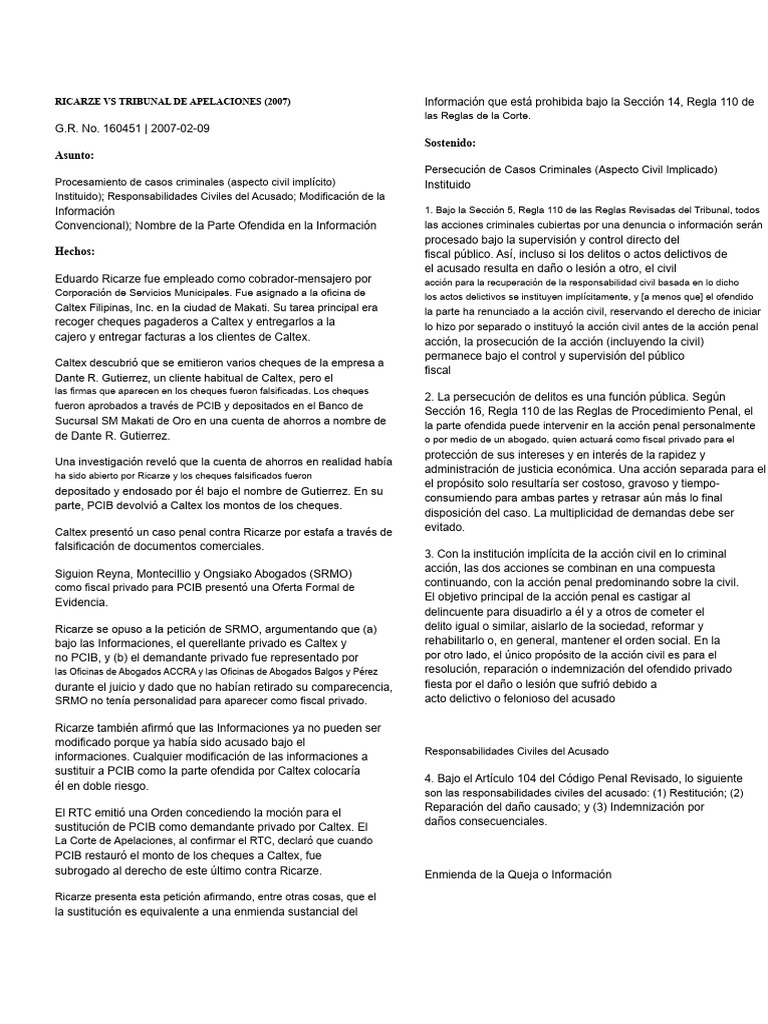 Ricarze y la Responsabilidad Civil en Delitos | PDF | Subrogación | Fiscal