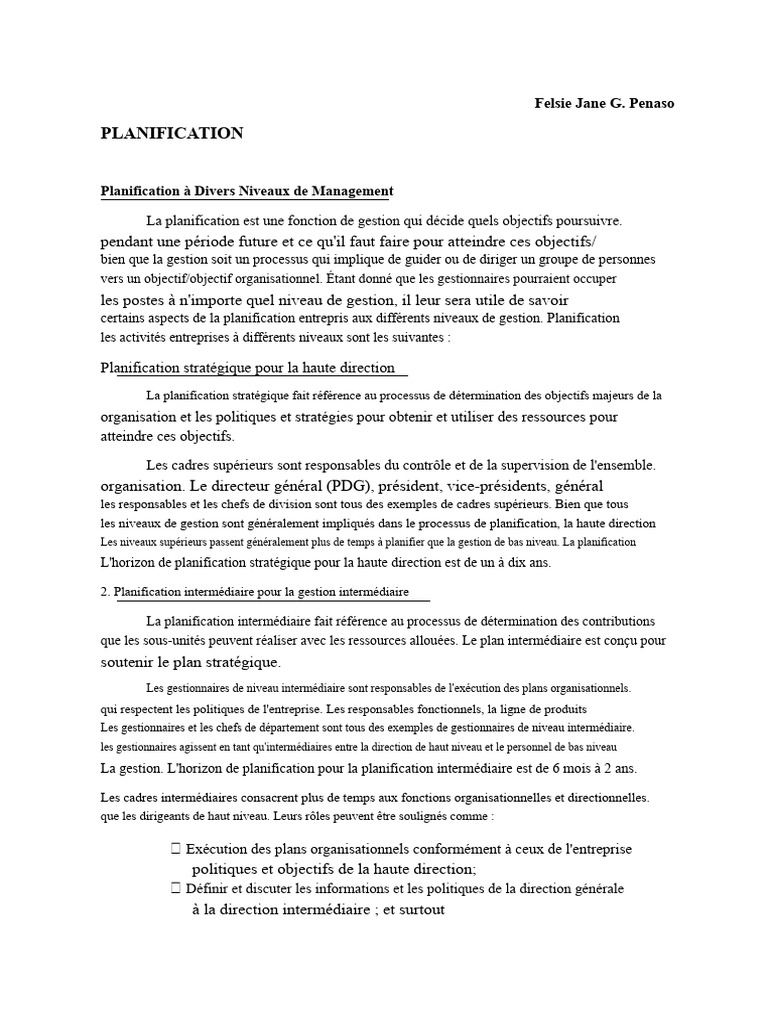Planification à Différents Niveaux de Management | PDF | Planification ...