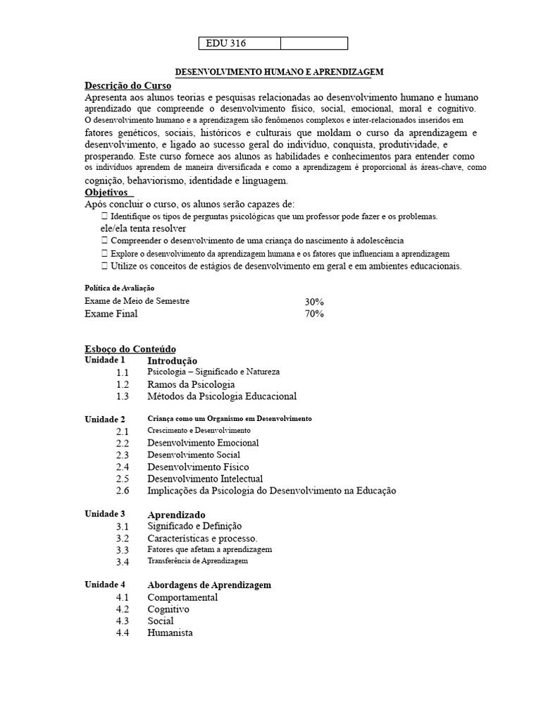 Desenvolvimento Humano e Aprendizagem | PDF | Aprendizado | Cognição