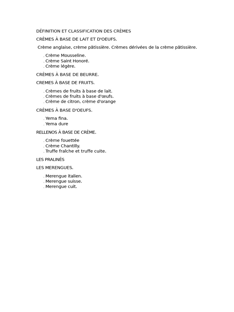 Classification des Crèmes en Pâtisserie | PDF | Crème fouettée | Beurre