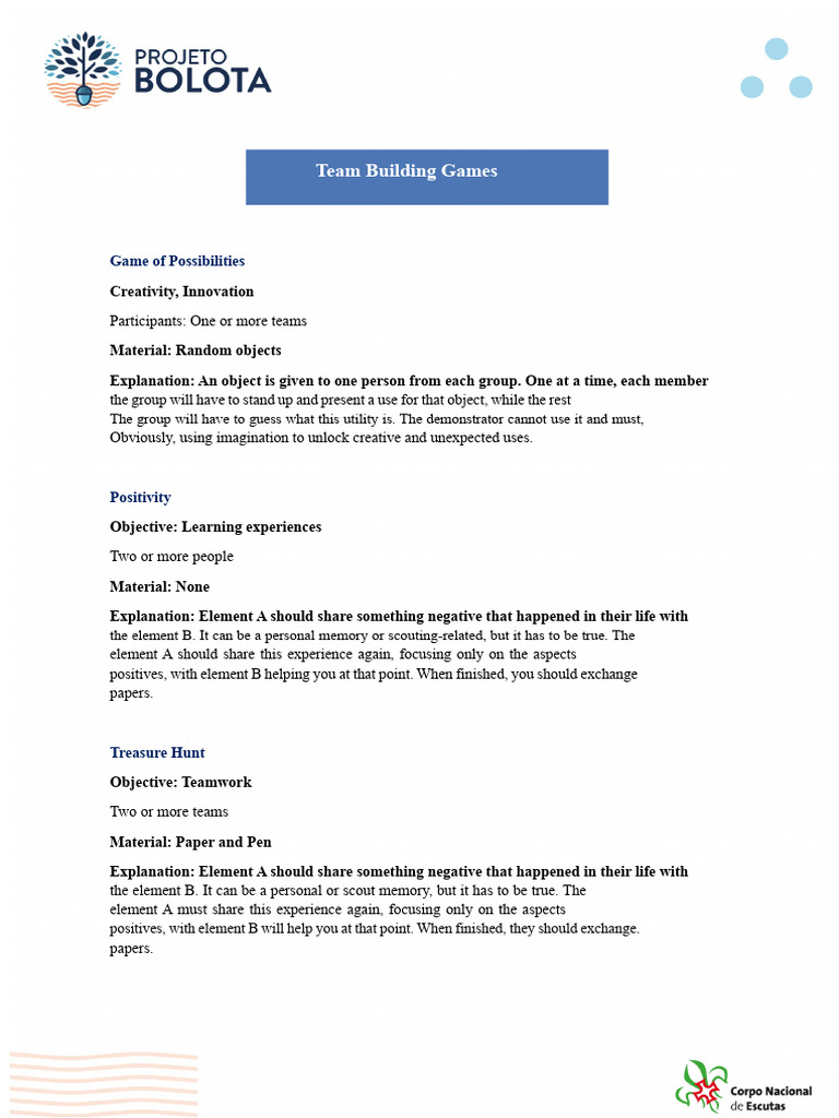 Engaging Team Building Games Guide | PDF | Team Building | Creativity
