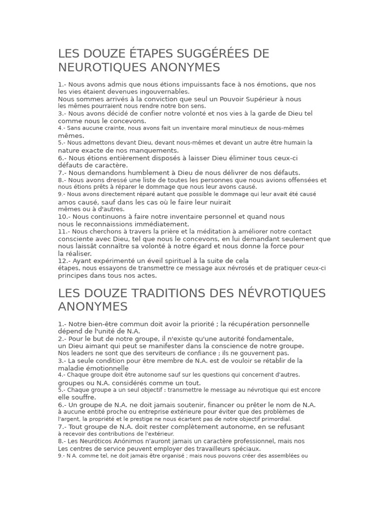 Douze étapes et traditions des Neurotiques Anonymes | PDF