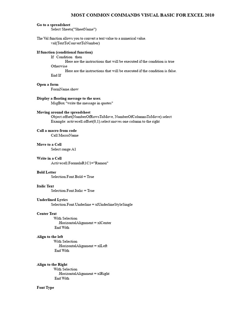 Common Visual Basic Commands for Excel | PDF | Microsoft Excel ...
