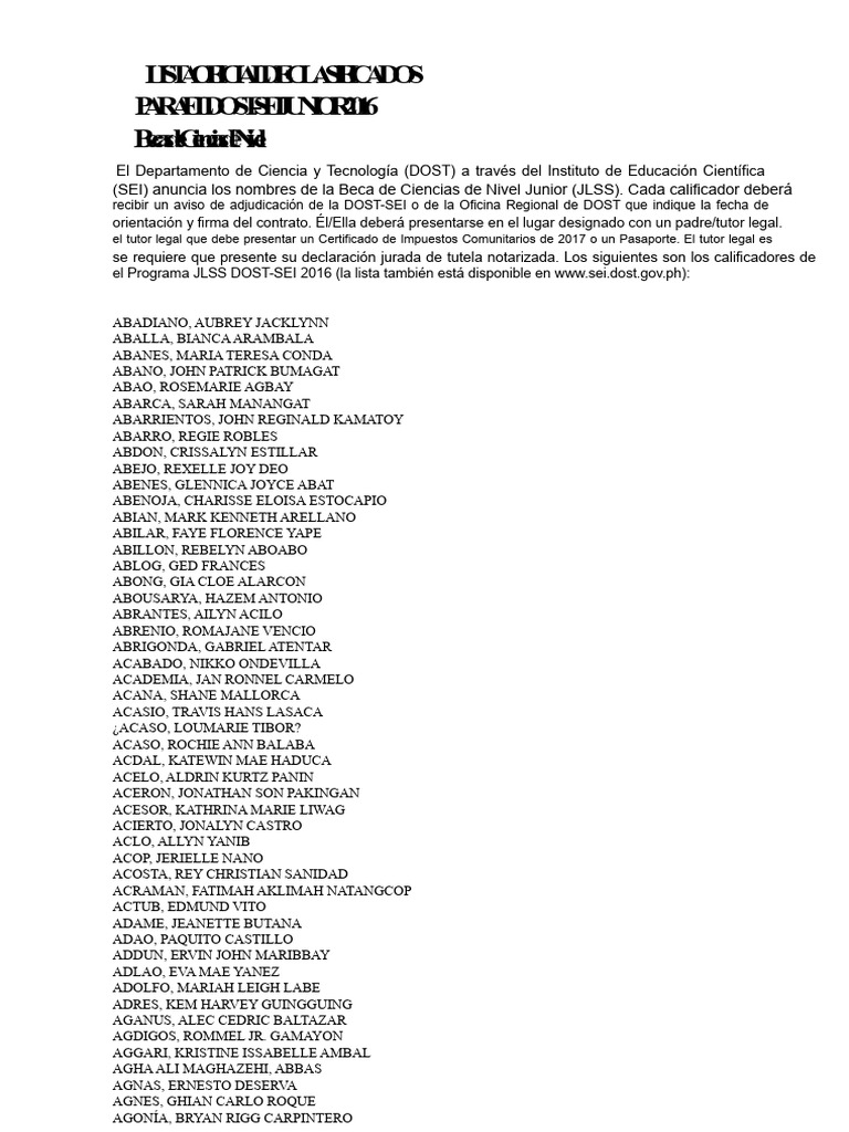 Lista de Calificadores DOST-SEI 2016 | PDF