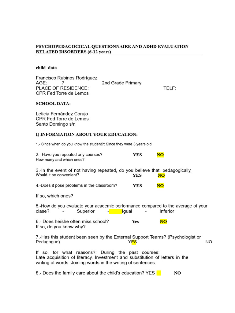 ADHD Evaluation Questionnaire for Ages 6-12 | PDF | Attention ...