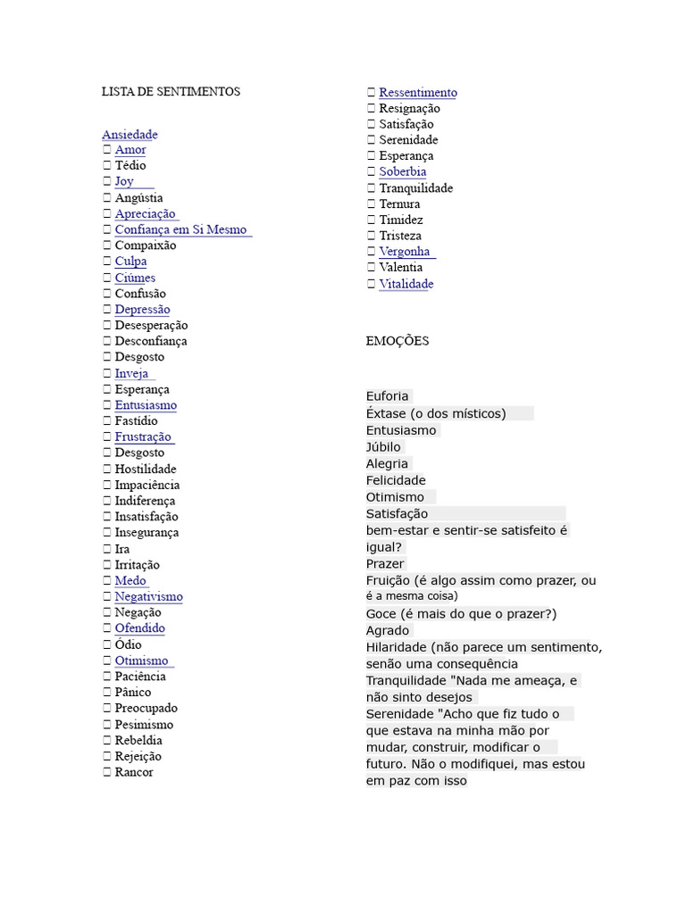 Lista Completa de Sentimentos e Emoções | PDF | Amor | Prazer