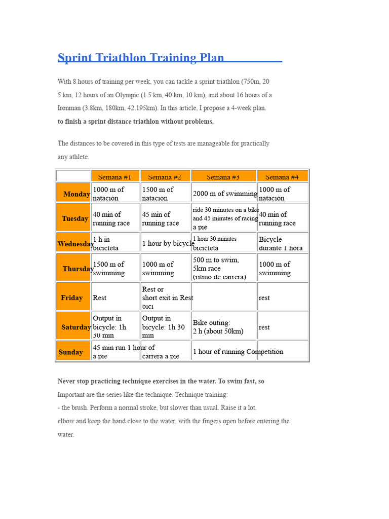 4-Week Sprint Triathlon Training Plan | PDF | Triathlon | Cycle Sport
