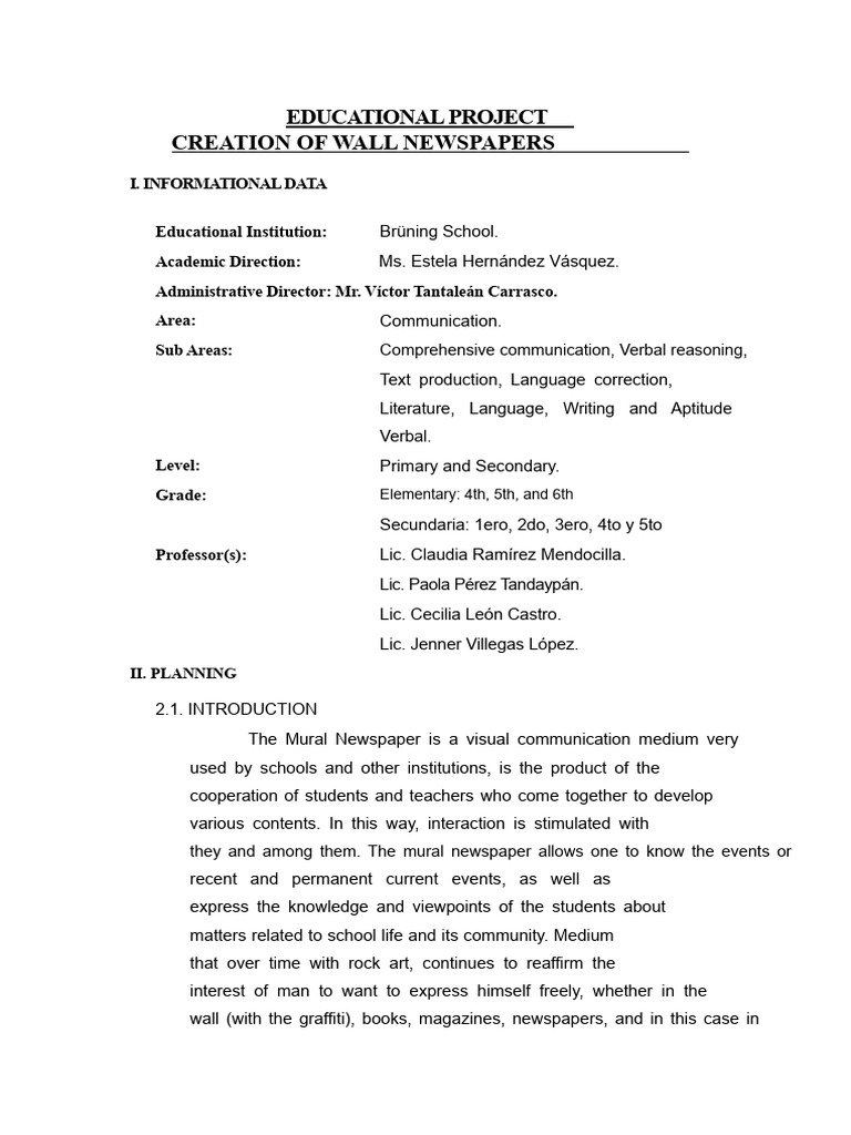 Educational Project Creation Of Mural Newspapers Pdf Schools