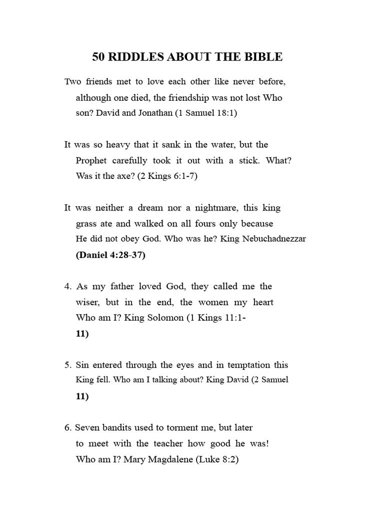 Bible Riddles for All Ages | PDF | Books Of Kings | Books Of Samuel