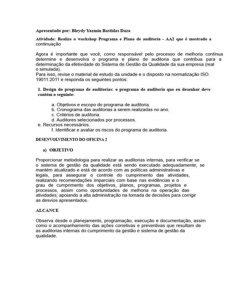 Programa e Plano de Auditoria Interna | PDF | Gestão de qualidade ...