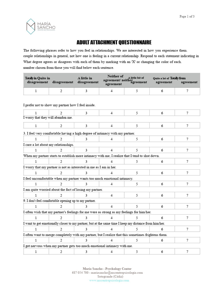 Adult Attachment Questionnaire ECR | PDF | Intimate Relationships ...