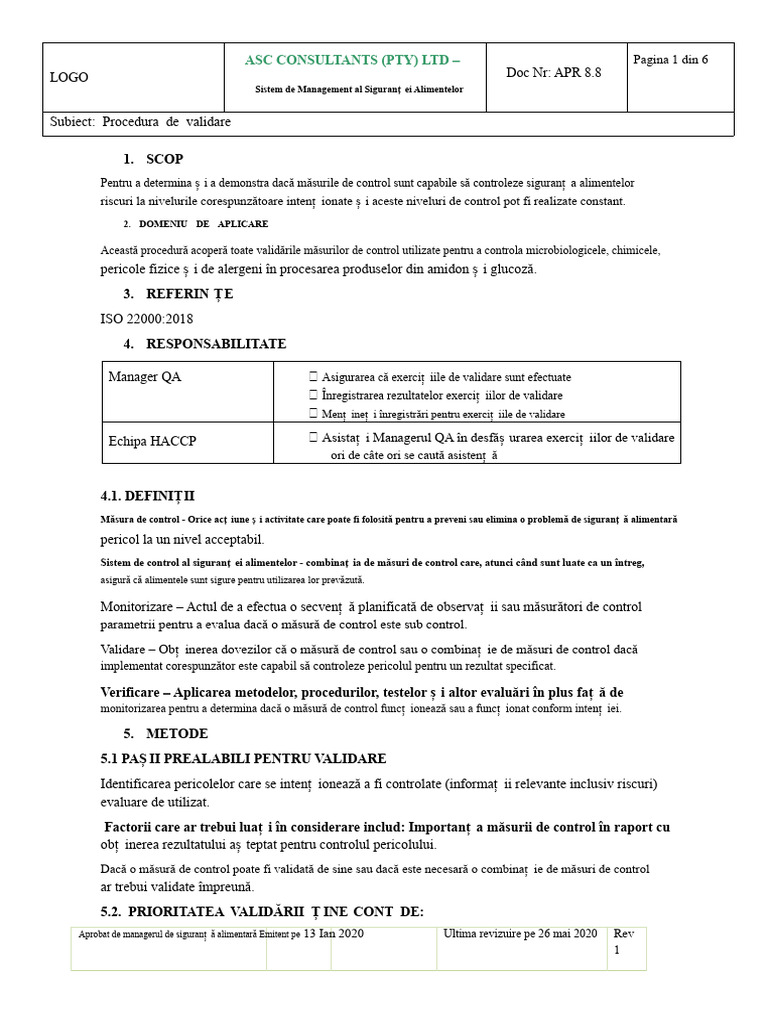 PRO 8.2 Șablon de Procedură de Validare | PDF