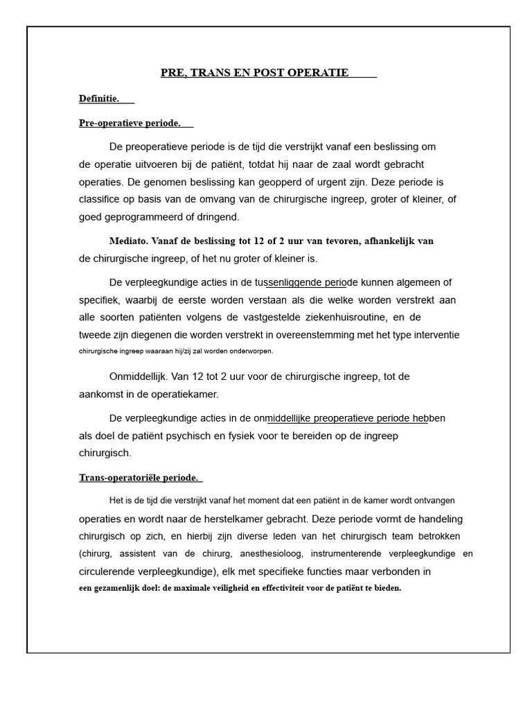 Pre, Trans en Post Operatie: Definitie. Pre-Operatieve Periode | PDF