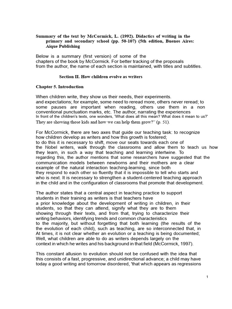 Summary of The Text by McCormick, L. (1992) On The Teaching of Writing ...