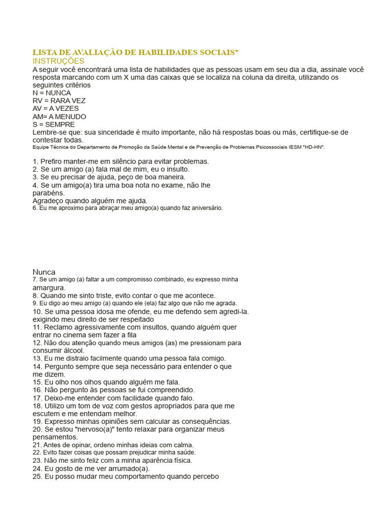 Avaliação de Habilidades Sociais e Emocionais | PDF | Pensamento ...