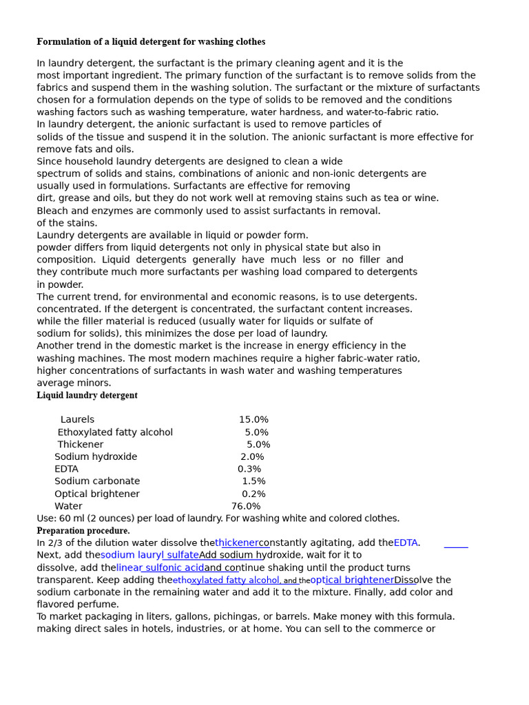 Liquid Laundry Detergent Formulation Guide | PDF | Detergent | Surfactant