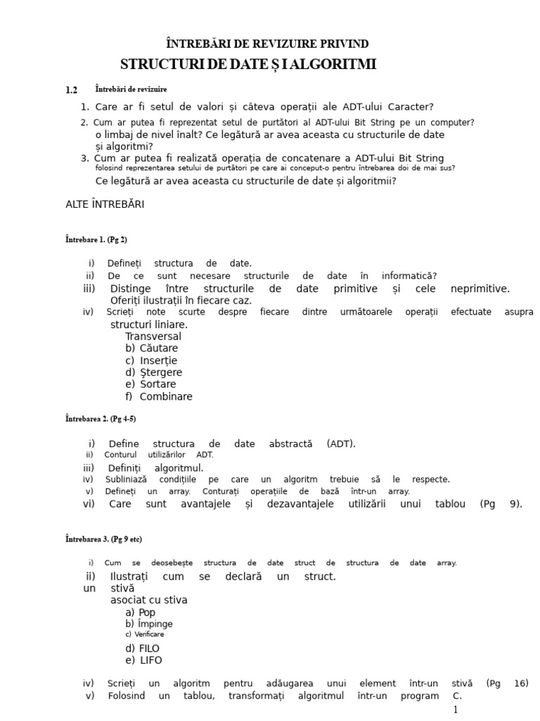 Întrebări de Revizuire Despre Structuri de Date Și Algoritmi | PDF