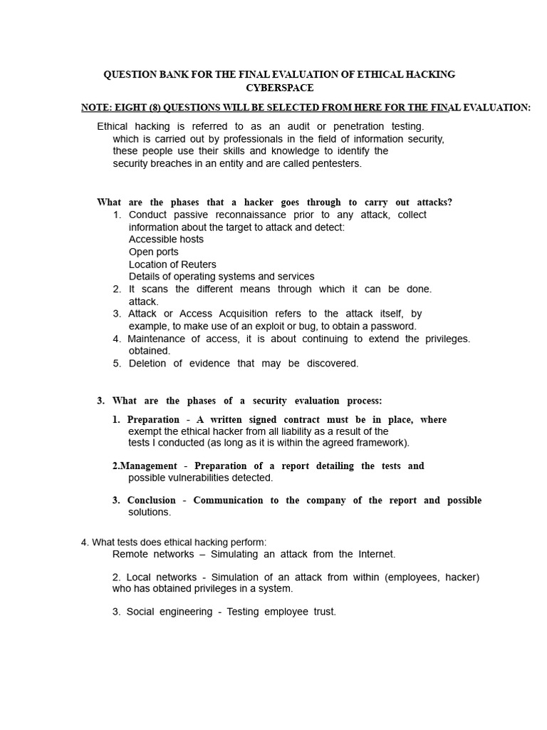 Ethical Hacking Final Evaluation Questions | PDF | Security | Computer ...