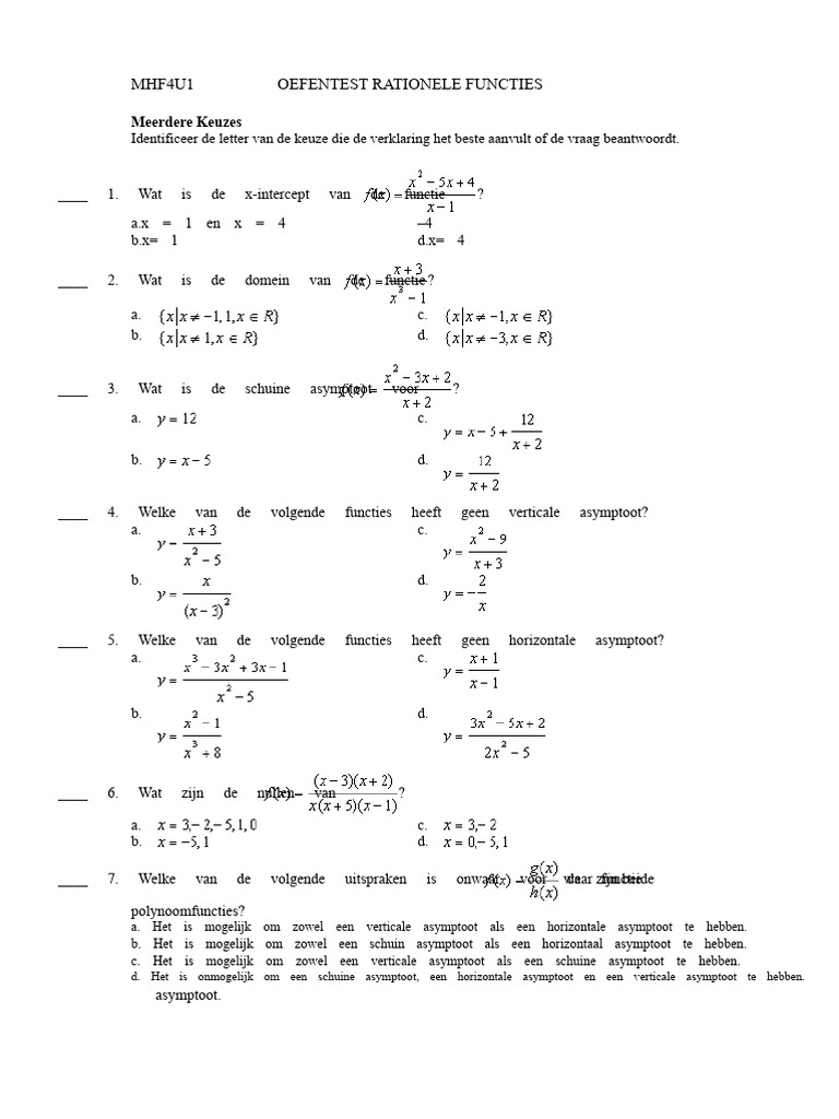 Rationale Functies Oefentoets | PDF