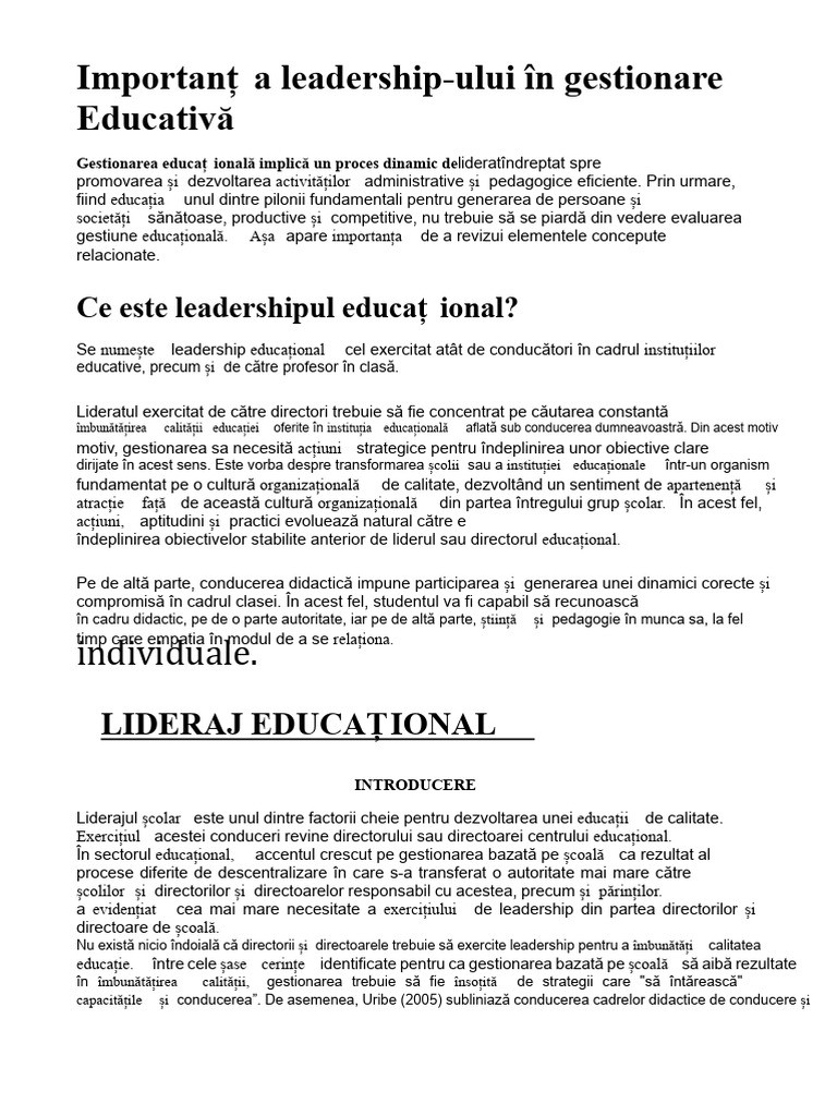 Importanța Leadership-Ului În Gestionarea Educațională | PDF