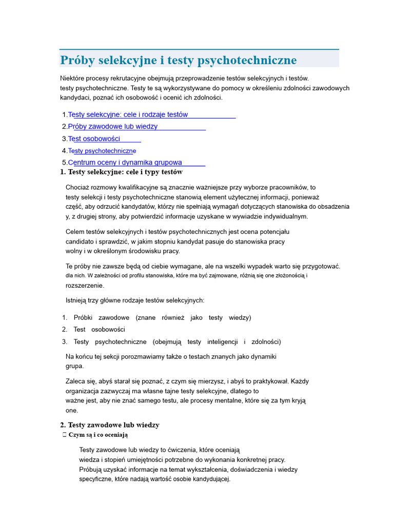 Testy Selekcyjne I Testy Psychotechniczne | PDF