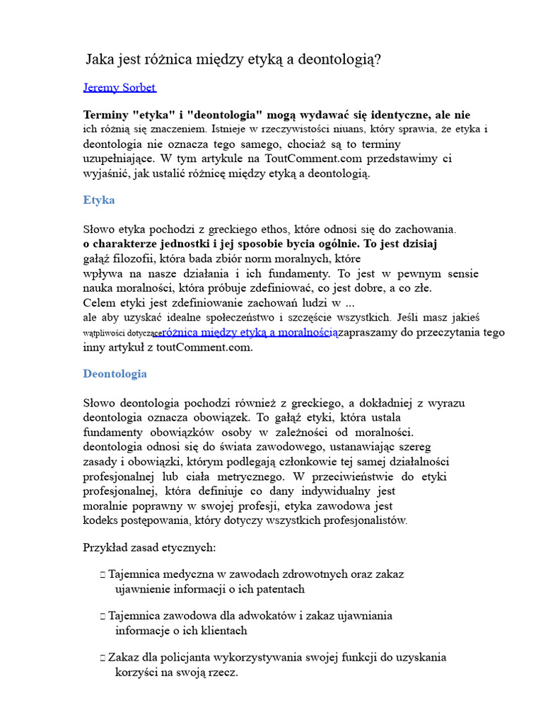 Jaka Jest Różnica Między Etyką A Deontologią? | PDF