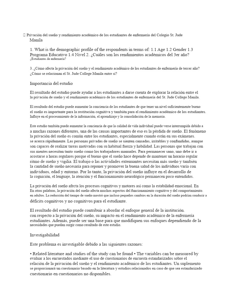 Privación Del Sueño y Rendimiento Académico de Los Estudiantes de ...