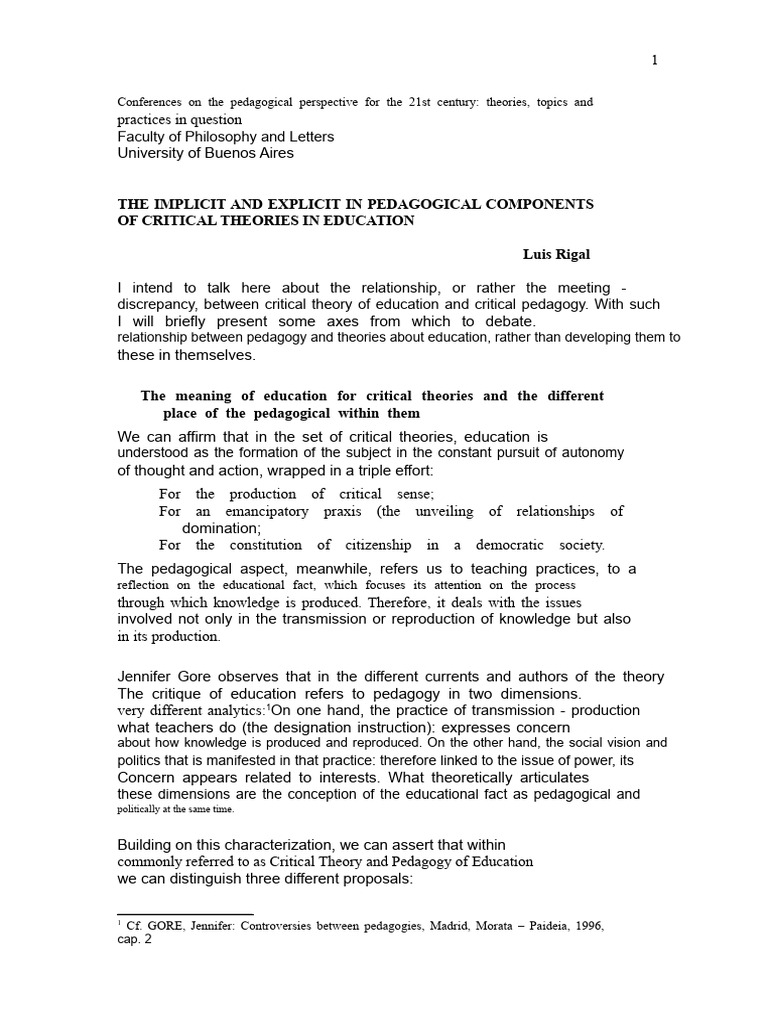 Rigal - Pedagogical Components of Critical Theories of Education | PDF ...