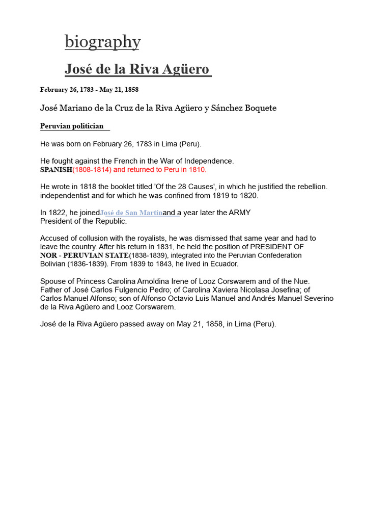 José de la Riva Agüero: A Biography | PDF | South America | Peru
