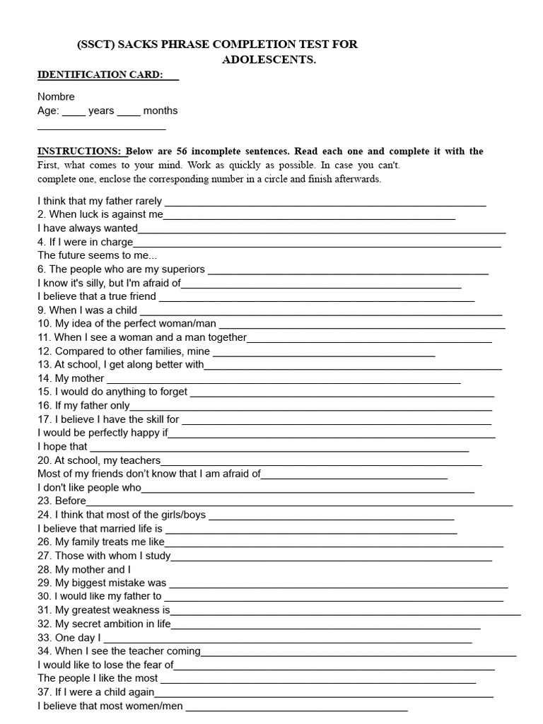 Adolescent Phrase Completion Test Guide | PDF | Human Development ...