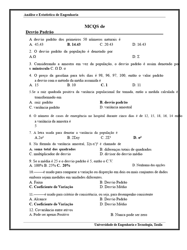 Apresentação de questões de múltipla escolha | PDF | Variação | Desvio ...