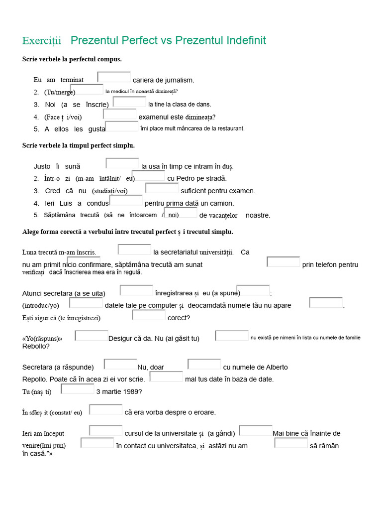 Exerciții Prezentul Perfect Vs Prezentul Indefinit Cu Soluții | PDF