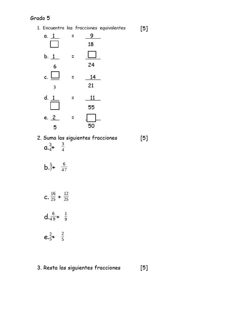 Ejercicios de Fracciones para Quinto Grado | PDF | Matemáticas
