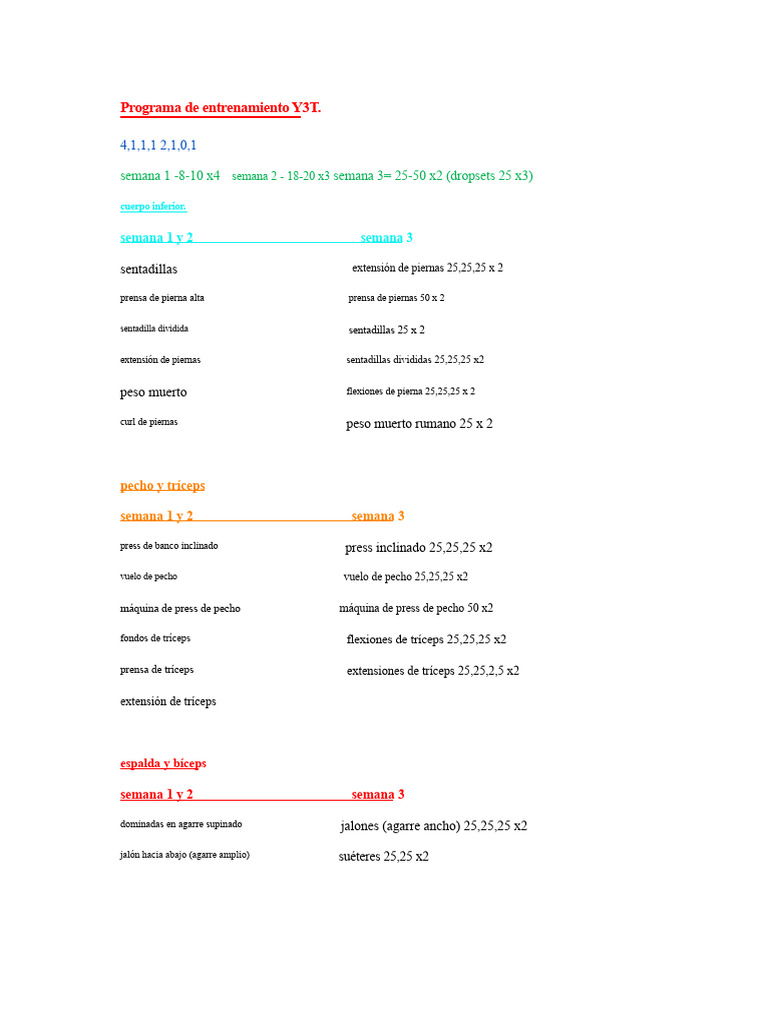 Entrenamiento Y3T: Rutinas Semanales | PDF