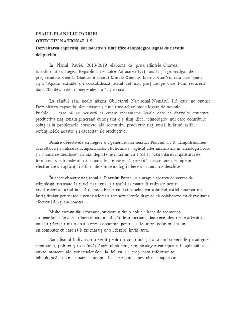 Eseu Despre Planul Patriei | PDF
