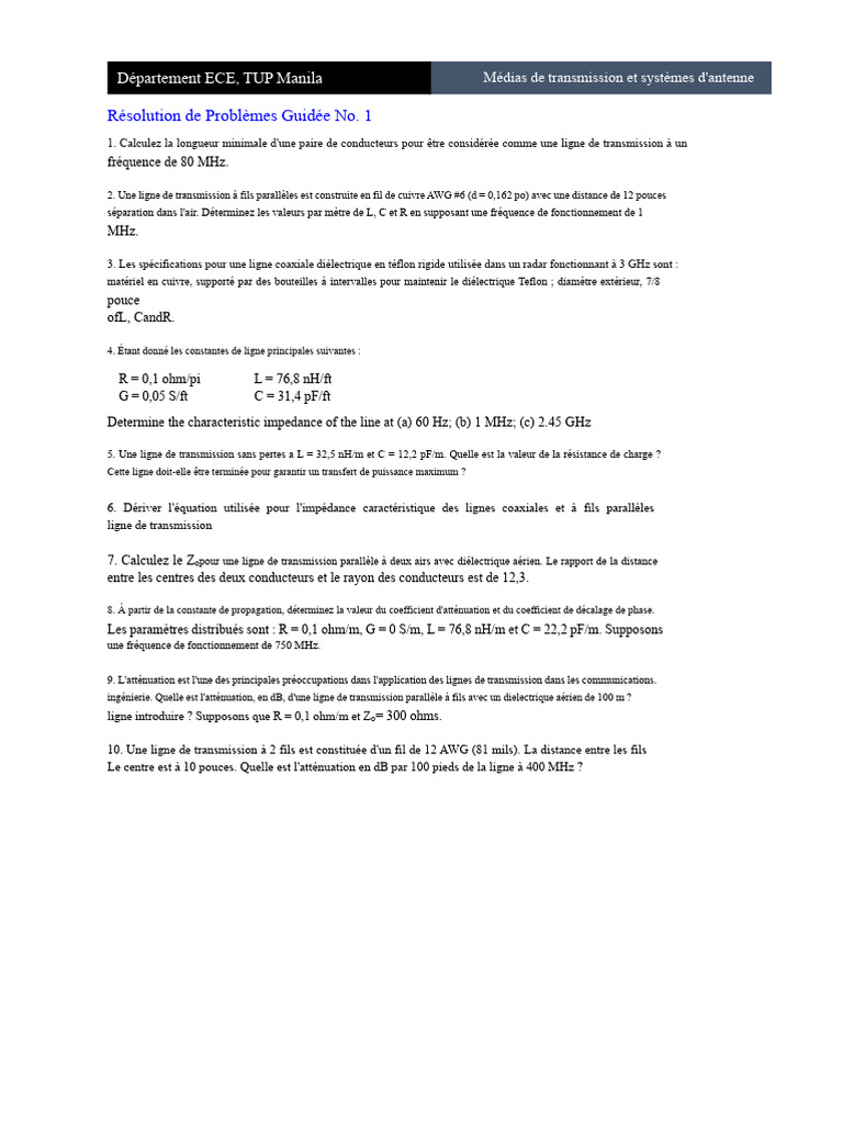 Problèmes de transmission et antennes ECE | PDF