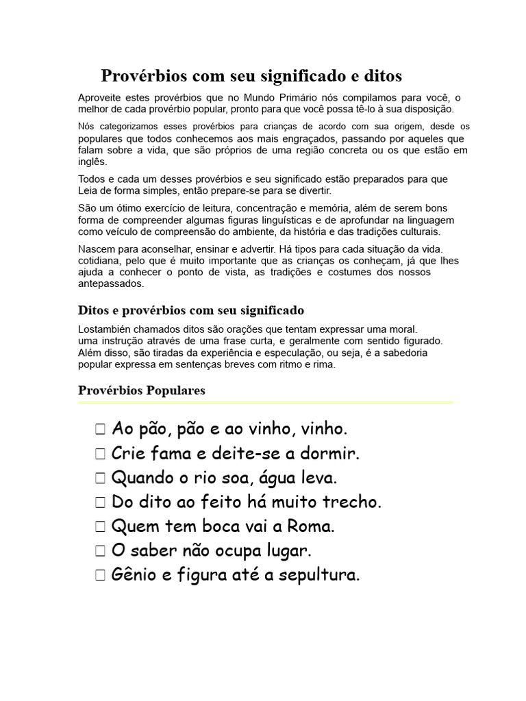 Provérbios com seu significado e ditados | PDF