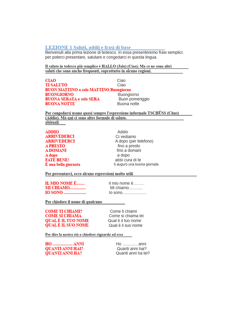 LEZIONE 1 Saluti, Addii e Frasi Base | PDF