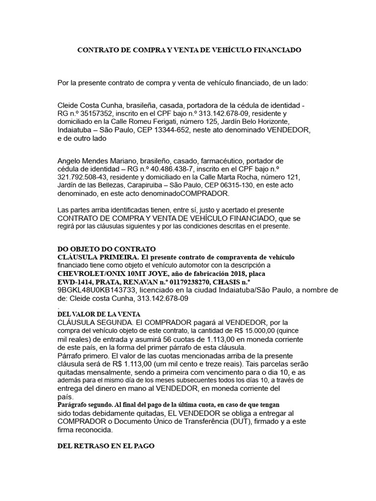Contrato de Compra y Venta de Vehículo Financiado | PDF | Multa (pena ...