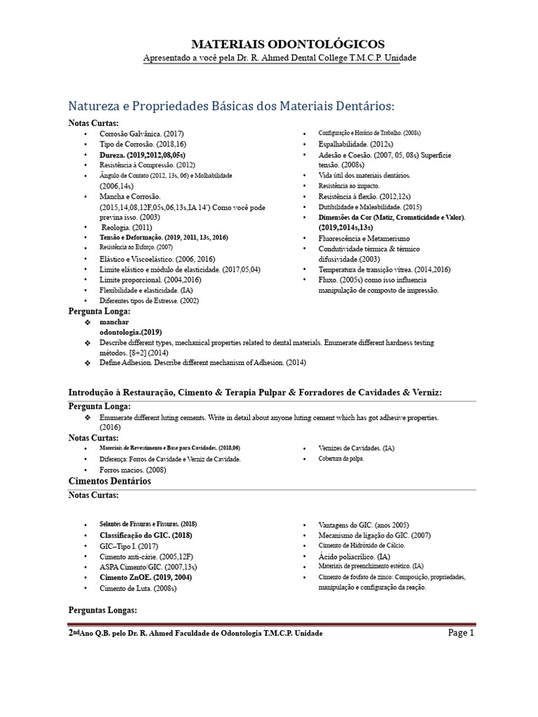Materiais Dentários Tmcp | PDF | Material composto | Acrílico