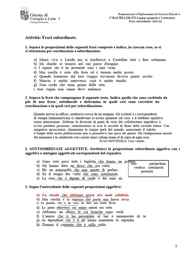 Frasi Subordinate. Attività | PDF