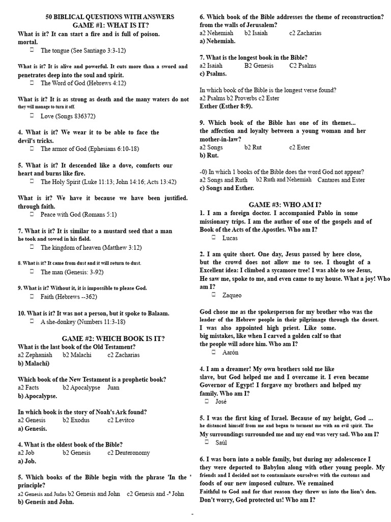50 Biblical Questions and Answers Game | PDF | Jesus | Bible