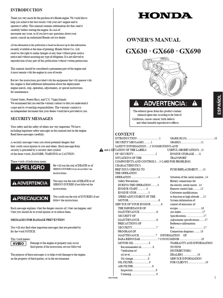 Honda GX630 Engine Owner's Manual | PDF | Gasoline | Throttle