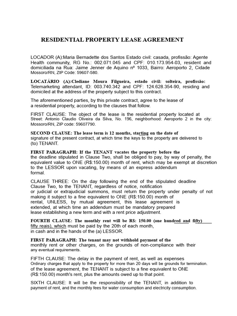 Residential Lease Agreement Template | PDF | Lease | Leasehold Estate