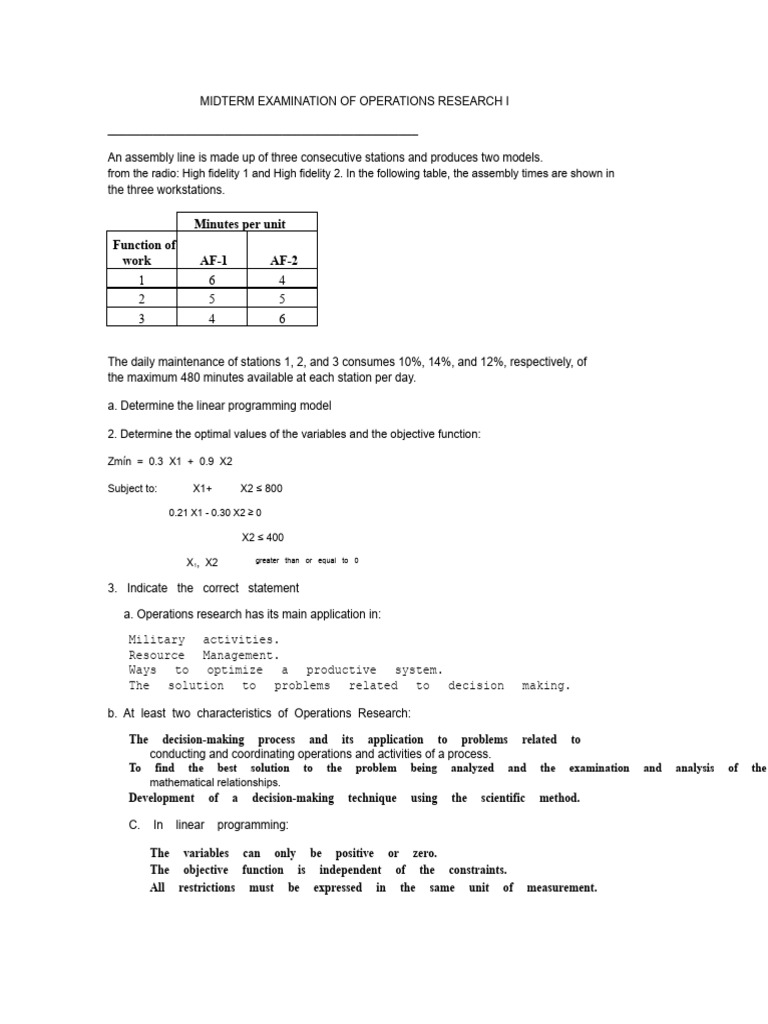 Partial Exam of Operations Research I2 | PDF