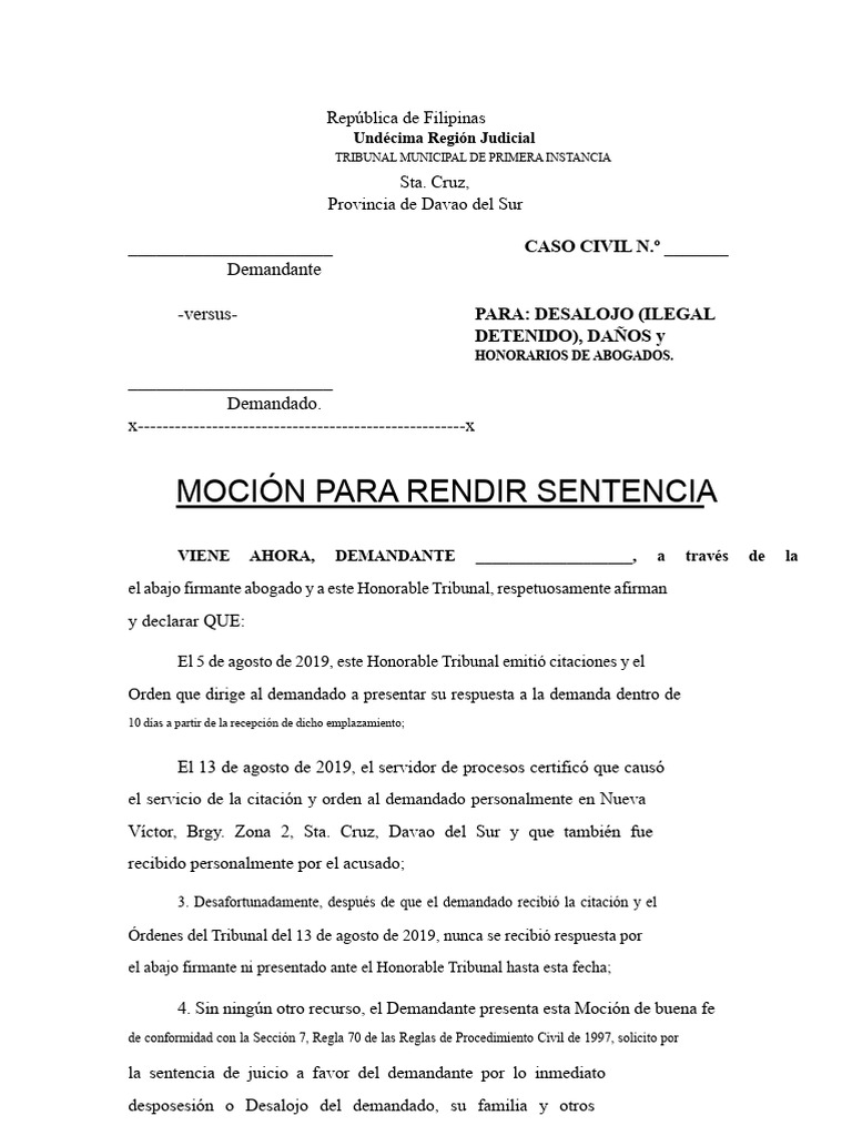 Moción de Desalojo y Daños en Filipinas | PDF | Sentencia (ley) | Justicia