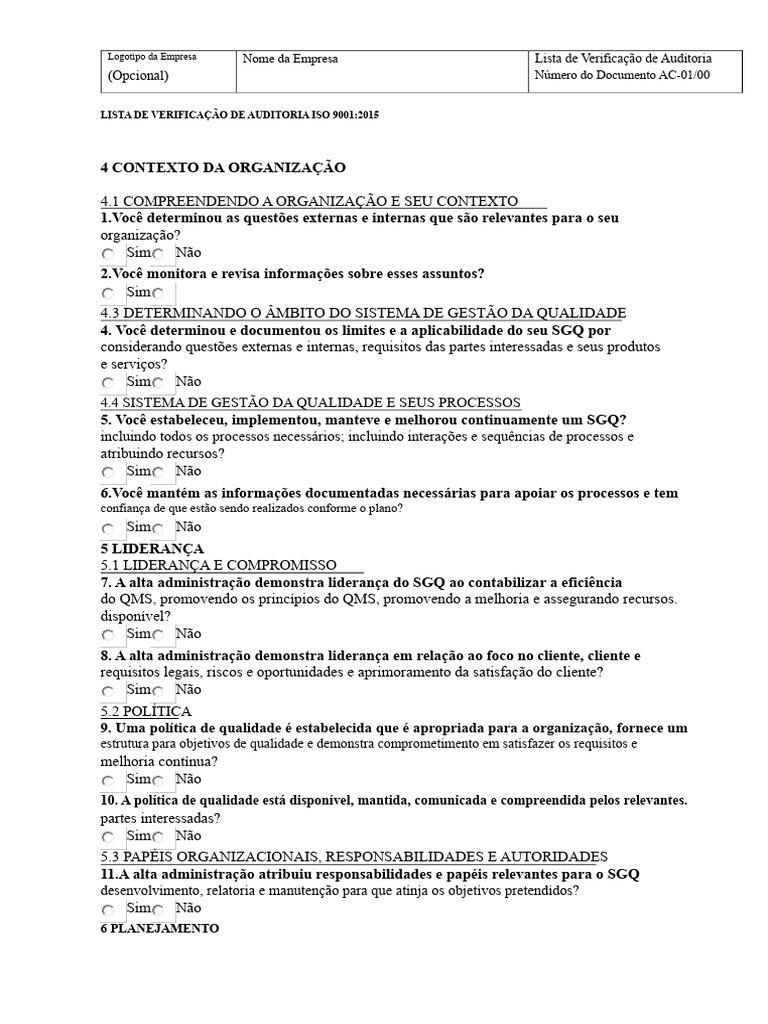 Checklist de Auditoria ISO 9001:2015 | PDF | Qualidade (negócios ...
