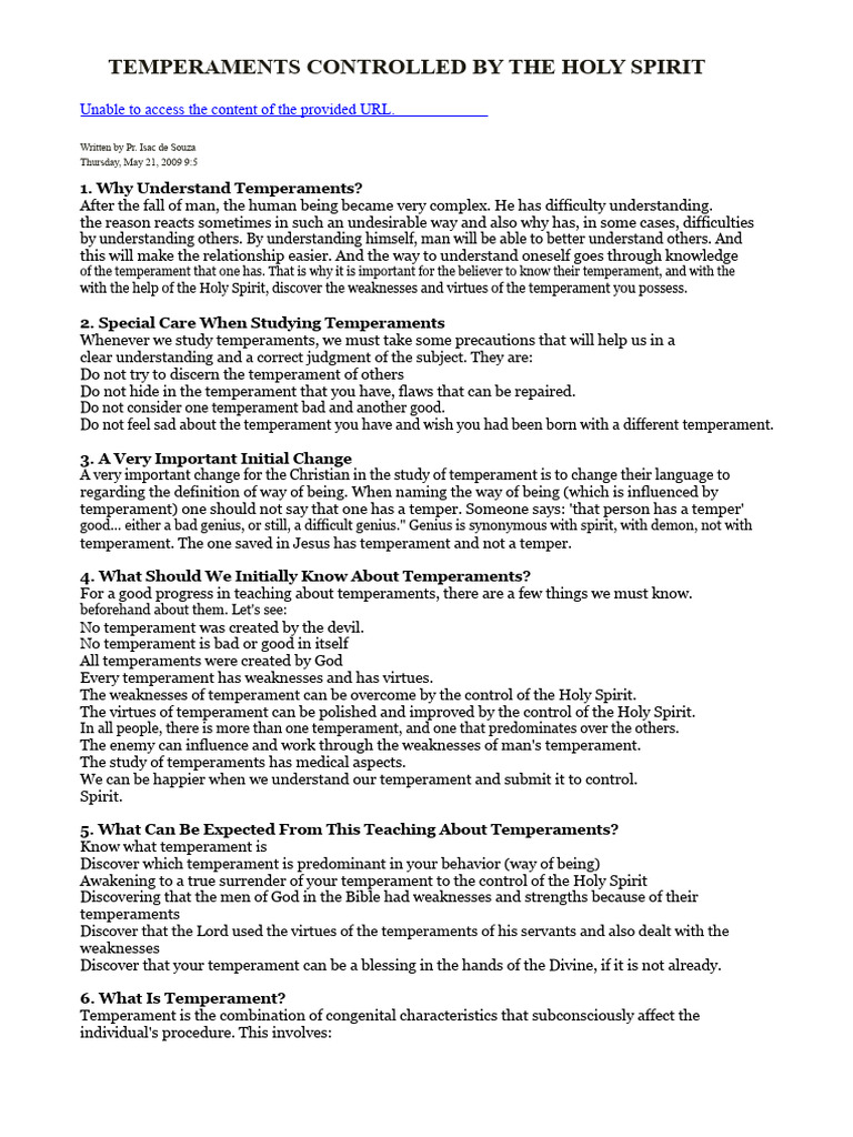 Understanding Temperaments Through the Holy Spirit | PDF | Temperament ...