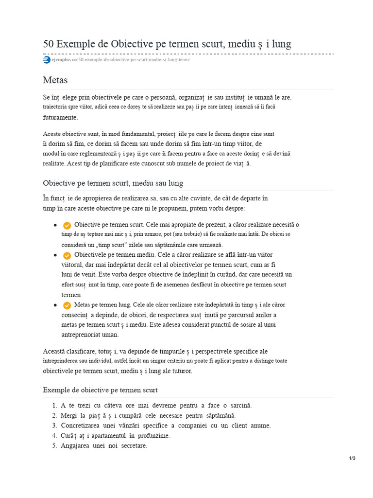 50 Exemple de Obiective Pe Termen Scurt, Mediu Și Lung | PDF