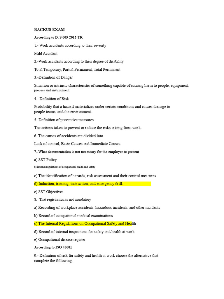 EXAM BACKUS.docx | PDF | Occupational Safety And Health | Risk